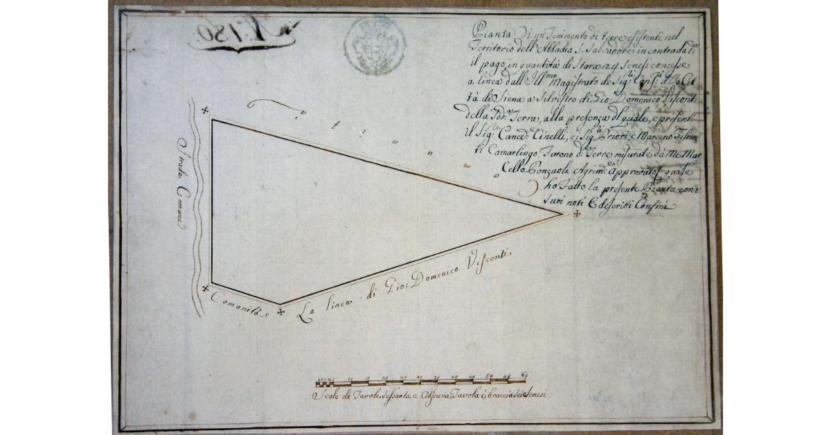 Pianta di un Tenimento di terre esistenti nel Territorio dell’Abbadia San Salvadore in contrada detta Il Pago, quantità di Stara 24 Senese concesse a linea dall’Illustrissimo Magistrato dei Signori Conservatori della Città di Siena a Silvestro di Giovan Domenico Visconti della suddetta Terra, alla presenza del quale, e presenti il Signore Cancelliere Cinelli, e i Signori Priori, e Mariano Filianzi Camarlingo, furono dette Terre misurate dà me Marcello Ponzuoli Agrimensore approvato quale ho fatto la presente Pianta con i suoi noti e descritti Confini