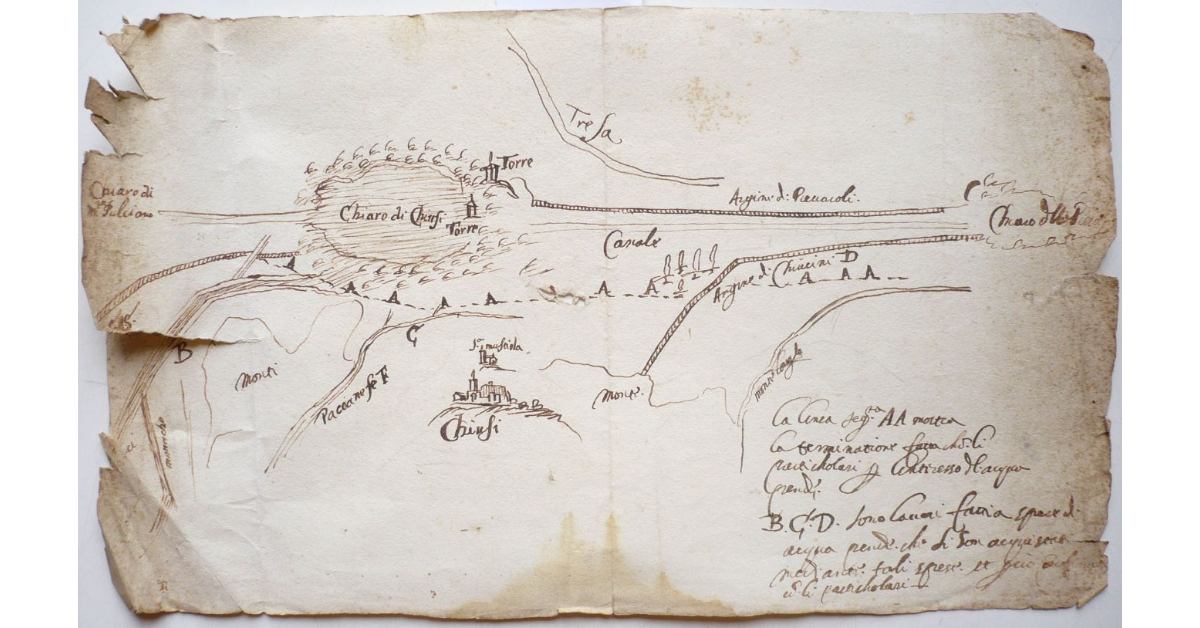 Profilo, e Pianta dal muro del excrescenti al'imboccatura del Alveo de Romani [in Val di Chiana]