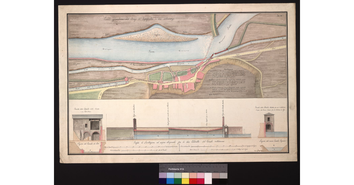 Pianta geometrica del borgo di Ripafratta e sue adiacenze: profilo di livellazione ad acqua stagnante per le due cateratte del canale sotterraneo. Tav. II