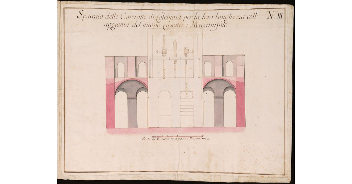 Spaccato delle cateratte di Calcinaia per la loro larghezza