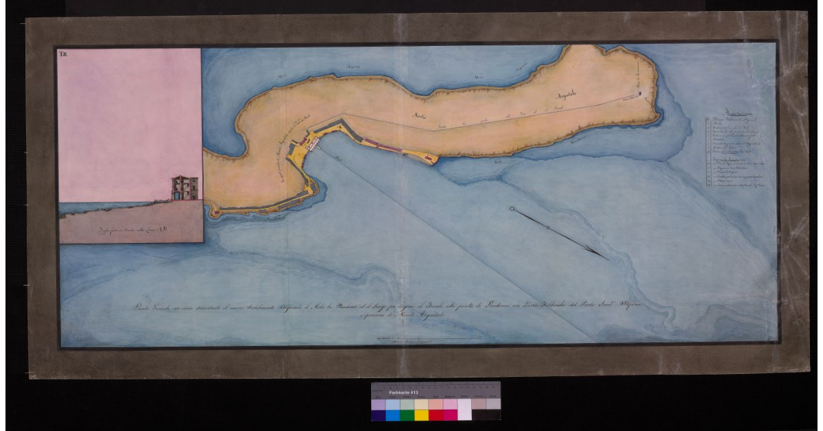 Pianta generale ove viene dimostrato il nuovo stabilimento doganale, il molo, la panchina ed il luogo per erigervi il fanale alla punta di Lividonia con diverse fabbriche del Porto S. Stefano e porzione del Monte Argentale