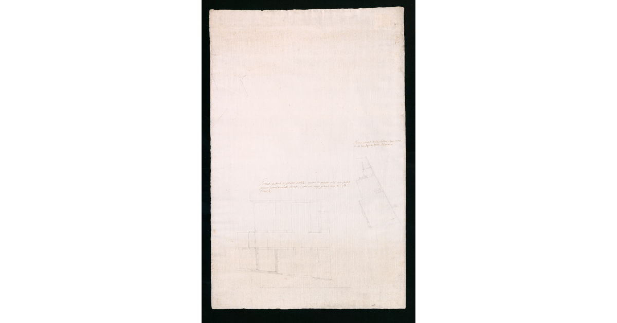 [Due abbozzi di piante relative ad un fabbricato con "piano nobile", libreria, chiesa e giardino confinato da una parte dalla via Chiara]