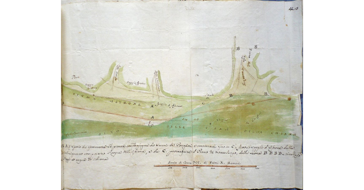[Pianta dell'assetto idrografico dei piani di Monte Lungo e Cardete nel territorio di Chiusi]