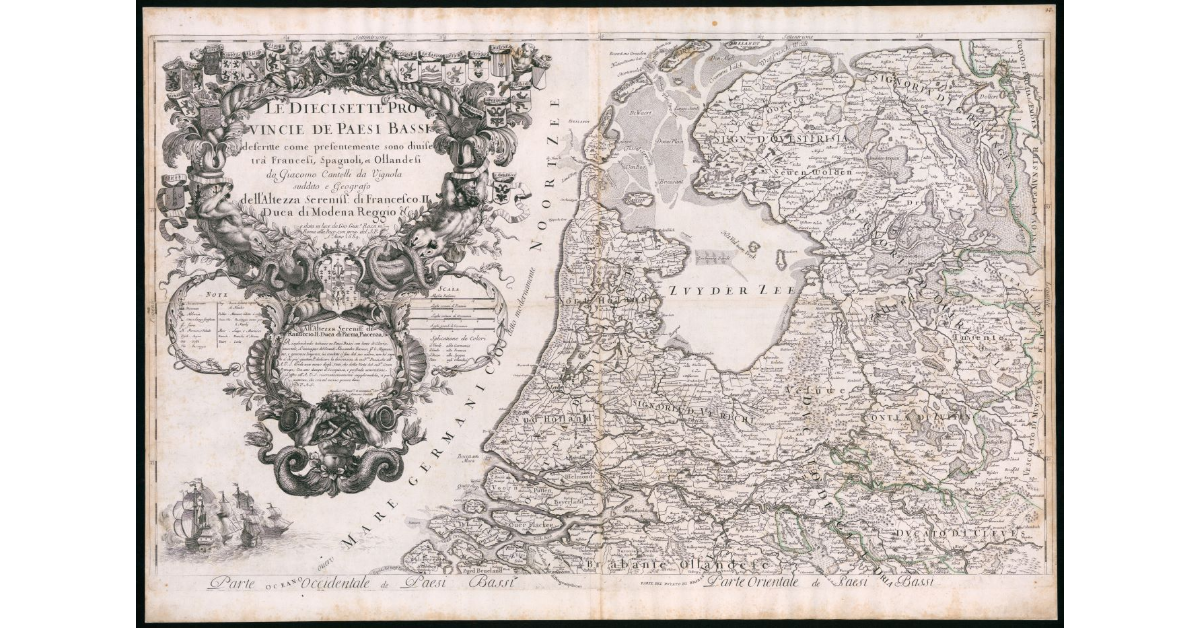 Le diciassette provincie de Paesi Bassi descritte come presentemente sono divine tra Francesi, Spagnoli et Olandesi da Giacomo Cantelli da Vignola suddito e geografo dell'Altezza Serenissima di Francesco II Duca di Modena Reggio ecc. e dato alla luce da Gio.Giacomo Rossi in Roma alla Pace