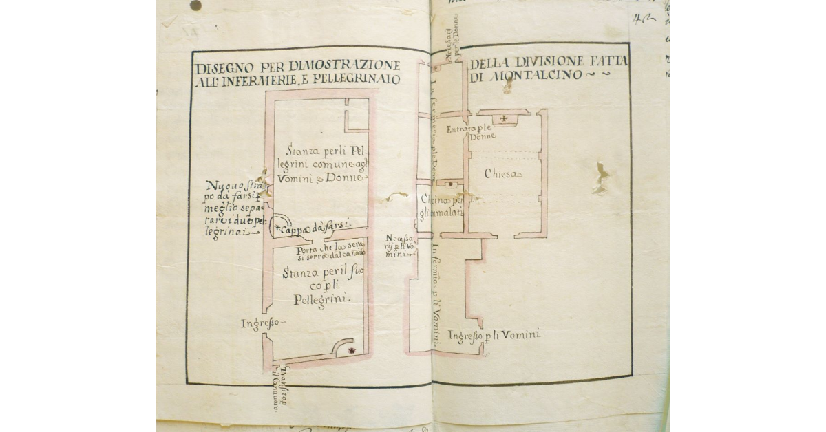 Disegno per dimostrazione della divisione fatta all'infermerie, e pellegrinaio di Montalcino