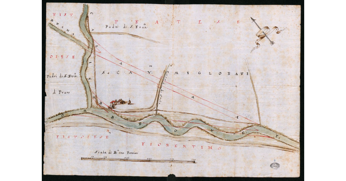 [Carta schematica della confluenza del Calice nell'Ombrone nel territorio pratese]