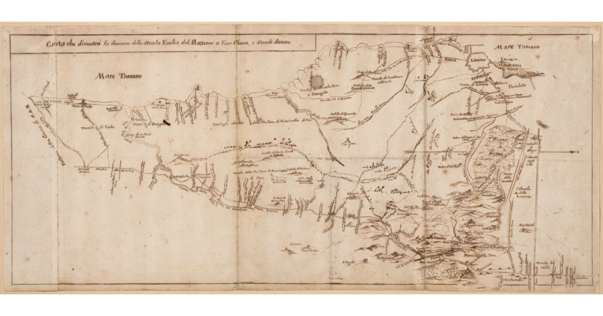 Carta che dimostra la direzione della Strada Emilia, dal Mozicone, a Fosso Chiaro, e Stade diverse