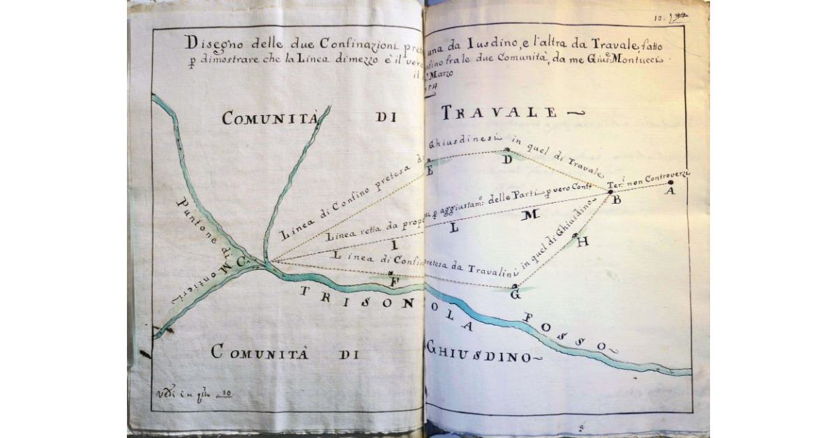Disegno delle due Confinazioni pretese una da Iusdino, e l'altra da Travale fatto per dimostrare che la Linea di Mezzo è il vero confino fra le due Comunità