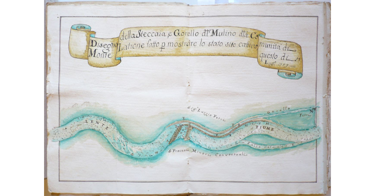 Disegno della Steccaia, e Gorello del Mulino della Comunità di Monte Latrone fatto per mostrare lo stato suo cattivo