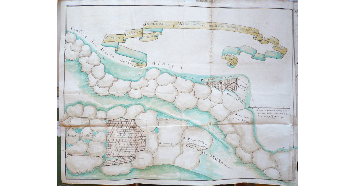 Pianta e Profilo della nuova Stecata da farsi per il Mulino della Comunità della Roccalbegna situata diretta come si vede