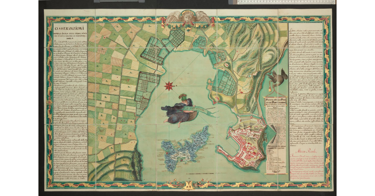 Pianta della Piazza di Portoferraio, porzione di campagna del territorio, saline vecchie e nuove, golfo