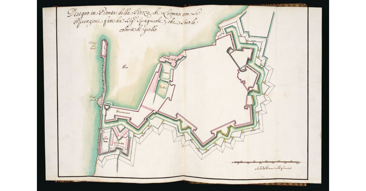 Disegno in Pianta della Piazza di Livorno con le operazioni fatte da Sig.ri Spagnuoli, che sono le colorite di giallo