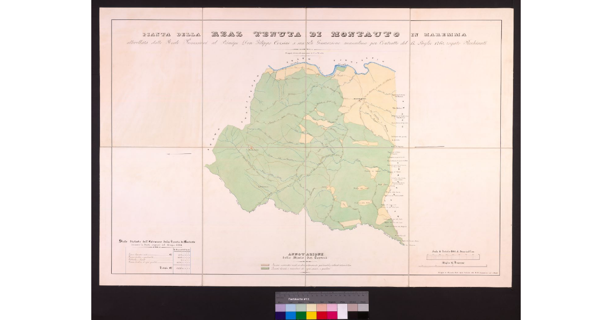 Pianta della Real tenuta di Montauto in Maremma, allivellata dalle Reali Possessioni al principe Don Filippo Corsini, a sua terza generazione masculina, per contratto del 17 luglio 1760, rogato Picchianti disegnata dal vero sulla proporzione di 1 a 20.000