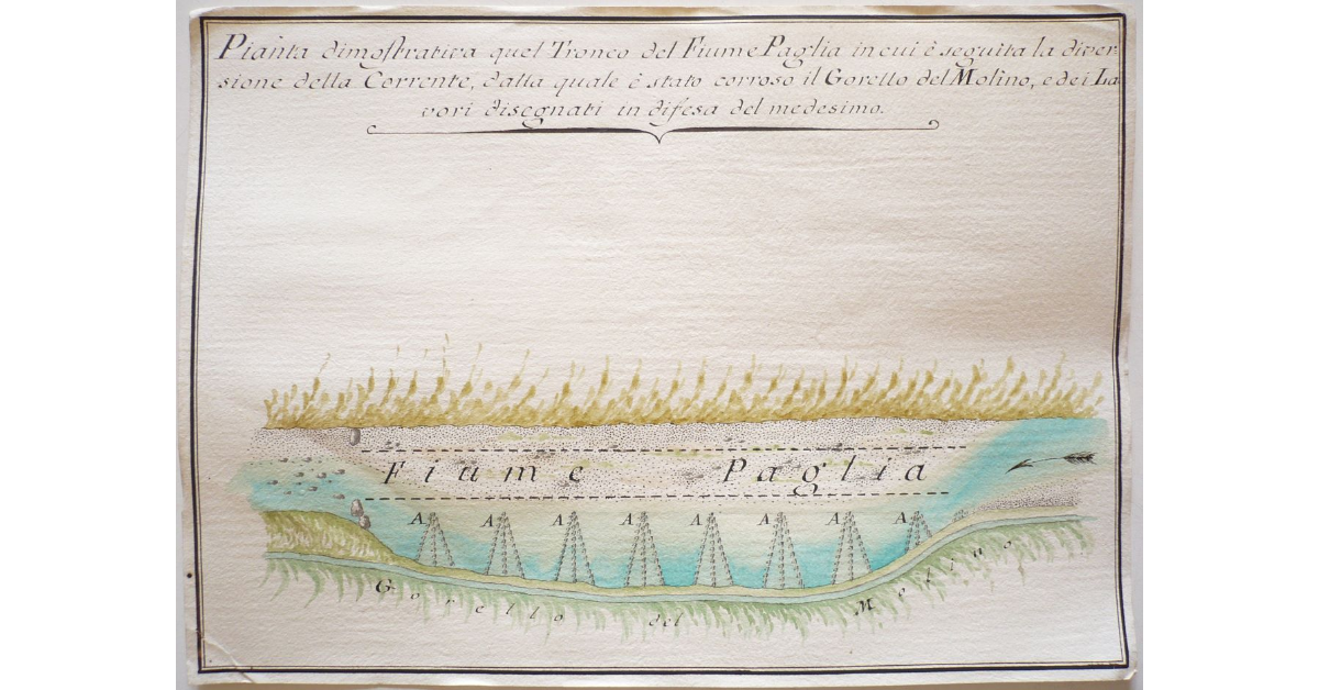 Pianta Dimostrativa quel Tronco del Fiume Paglia in cui è seguita la diversione della Corrente, dalla quale è stato corroso il Gorello del Molino, e dei Lavori disegnati in difesa del medesimo