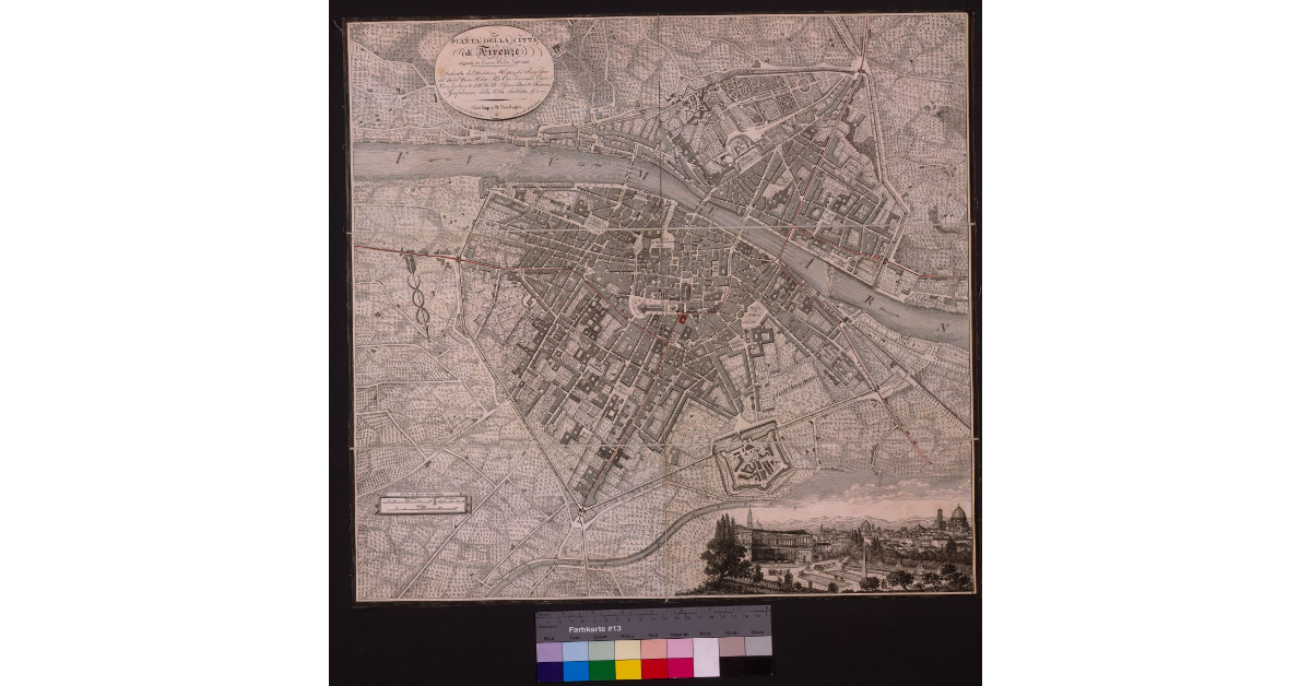 Pianta della città di Firenze, disegnata da Cesare Merlini l'anno 1818, dedicata dal medesimo al merito singolare del nobiluomo il sig. marchese cav. Tommaso Corsi, ciambellano di S. A. I. e R. il granduca di Toscana e Gonfaloniere della città suddetta