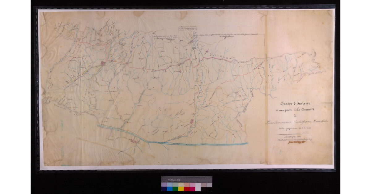 Quadro d'insieme di una parte delle comunità di Loro,Terranuova, Castelfranco e Pian di Sco sulla proporzione di 1 a 20.000. A dì 14 agosto 1846, estratta dal suo originale questo dì 30 luglio 1852