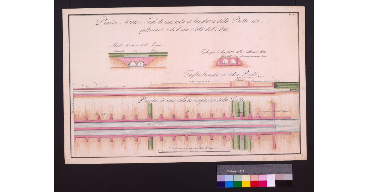 Pianta, alzato e tagli di una metà in lunghezza della botte da fabbricarsi sotto il nuovo letto dell'Arno