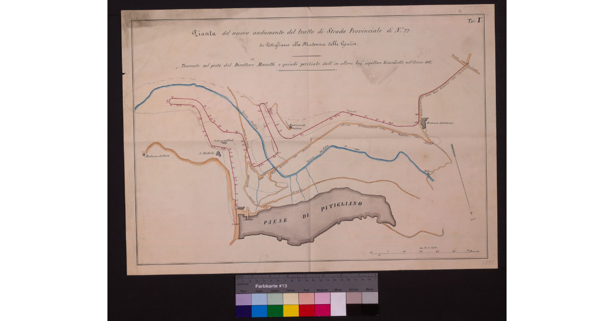 Pianta del nuovo andamento del tratto di strada provinciale di n. 22 da Pitigliano alla Madonna delle grazie, tracciato sul posto dal direttore Manetti e quindi periziato dall'allora Ing. ispettore Rimediotti, nell'anno 1847