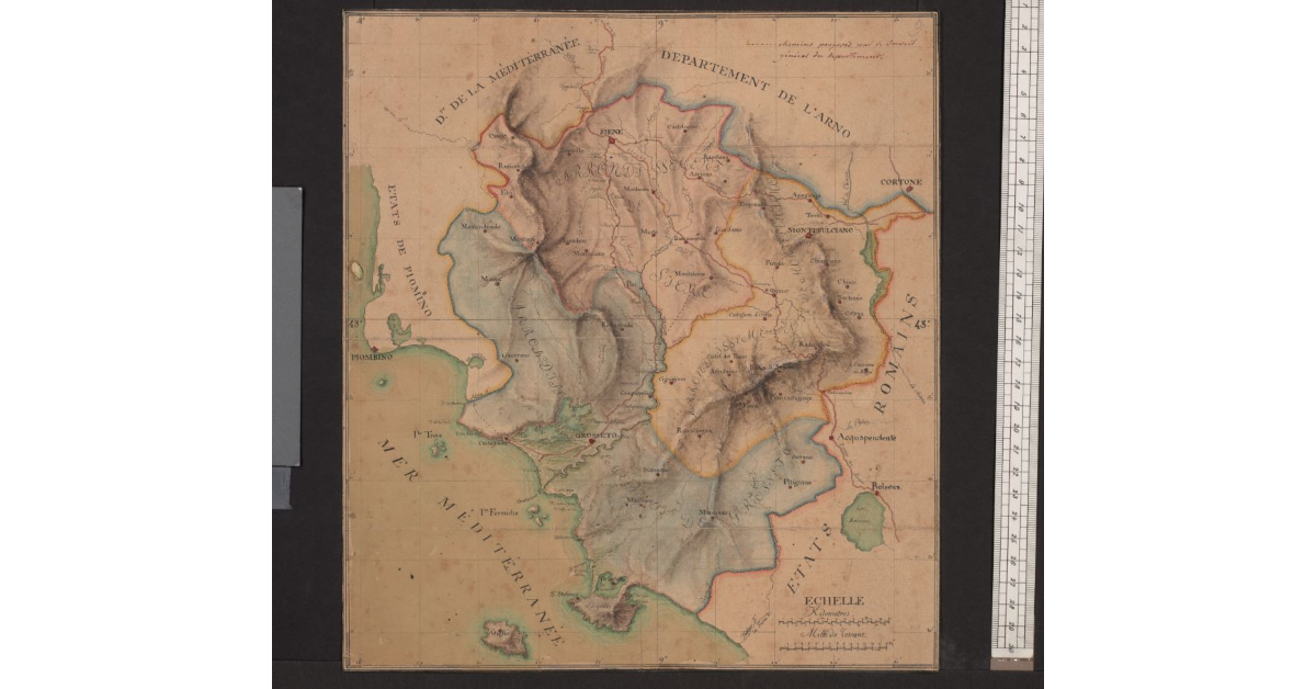 [Pianta del dipartimento dell'Ombrone, diviso nei suoi arrondissements o compartimenti, con il tracciato delle strade proposte dal Consiglio Generale di Dipartimento]