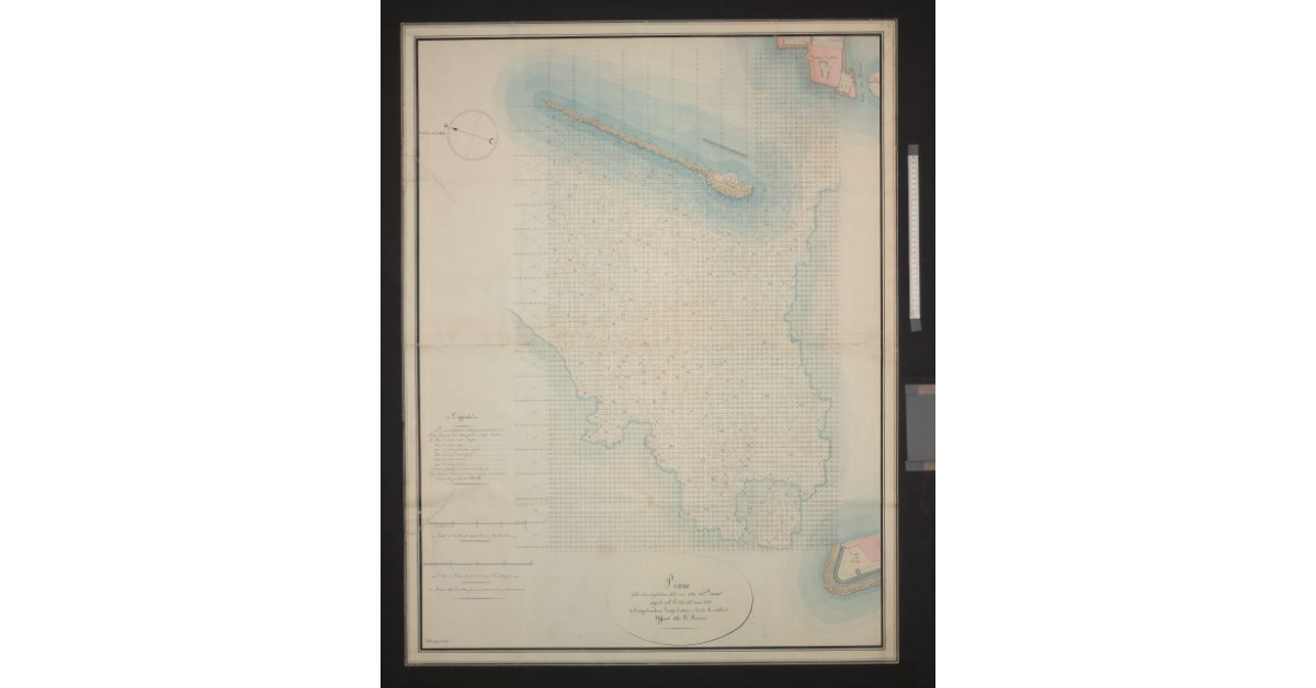 Pianta dello scandaglio del porto di Livorno, con le quote batimetriche. Cfr. la carta n. 494 dello stesso fondo, rispetto alla quale le profondità non sono colorate progressivamente ma solo numerate