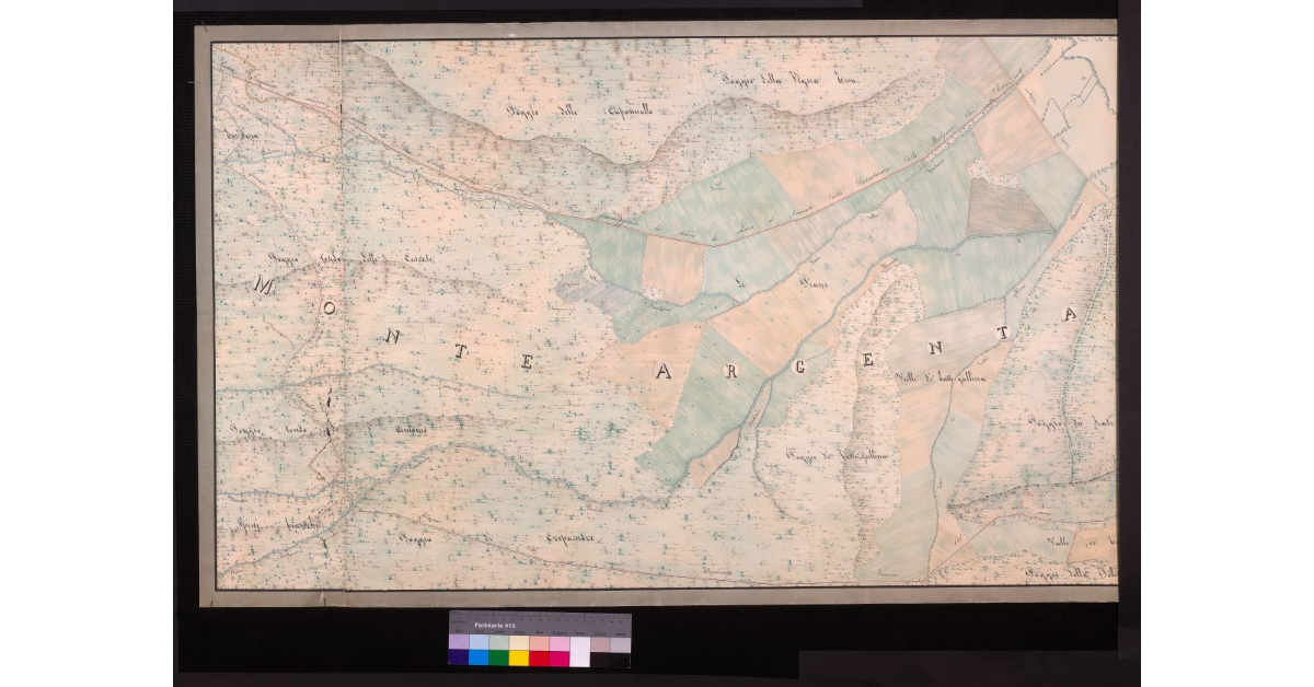 Icnografia della città di Orbetello e del progetto di un ponte per il transito del lago da Porta di mare al punto di Terra Rossa, coll'indicazione dell'acquedotto per la conduzione delle acque potabili dalle sorgenti presso il convento dei religiosi passionisti del Monte Argentale