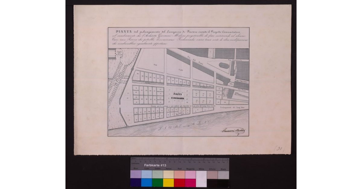 Pianta del prolungamento del Lungarno di Firenze secondo il progetto comunitativo, col cambiamento che l'arch. Giovanni Malesci progetterebbe di fare sostituendo ad alcune case una piazza che potrebbe denominarsi Ferdinanda
