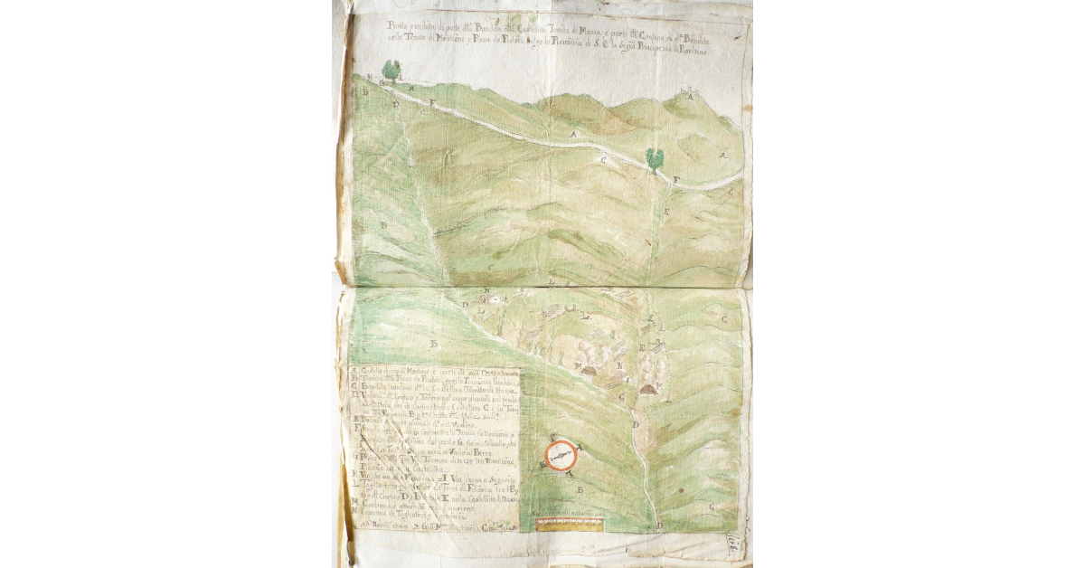 Pianta, e veduta di parte della Bandita della Castellina Tenuta di Massa, e parte del Confino di detta Bandita Colle Tenute di Montione, e Pieve de Pastori vulgo la Pievaccia di Sua Eccellenza la Signora Principessa di Piombino