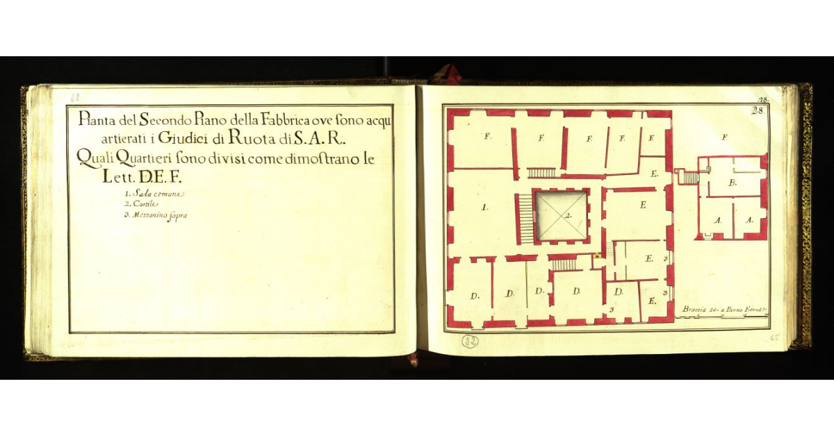 Pianta del secondo piano della fabbrica ove sono acquartierati i Giudici di Ruota di S.A.R. quali quartieri sono divisi come dimostrano le lettere D.E.F