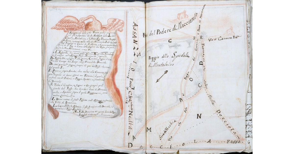 [Controversia fra lo Spedale di Santa Maria della Scala di Montalcino e il nobile Signor Flaminio Borghesi di Siena circa i poderi di Nacciarello e Canneta del nobile Borghesi]