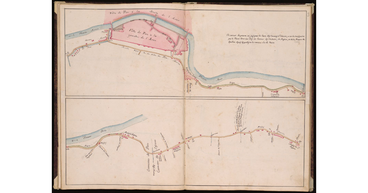 [Route de Livourne à Ancone par Pise, Florence, Arezzo etc. depuis Livourne passant par Pise jusqu'à la limite commune des Departements de la Mediterranée et de l'Arne au Pont d'Elsa - Tratto III]
