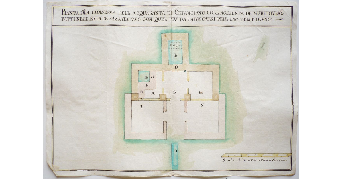 Pianta della conserva dell'acquasanta di Chianciano coll'aggiunta de' muri divisori fatti nell'estate passata 1755 con quel più da fabbricarsi pell' uso delle docce