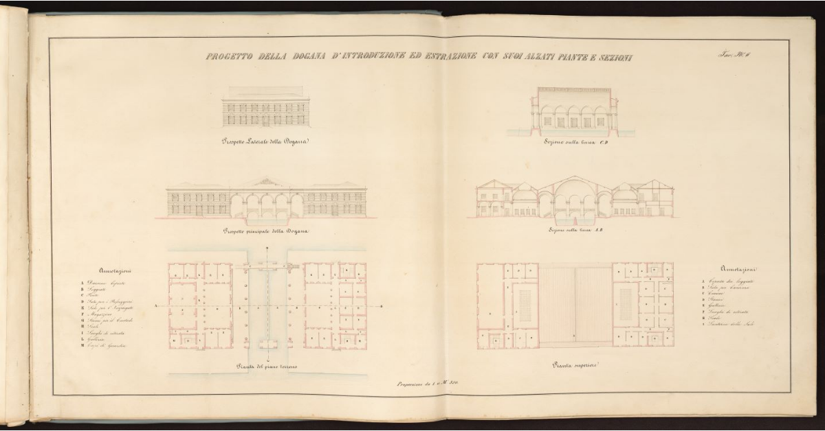 Progetto della Dogana d'introduzione ed estrazione con suoi alzati, piante e sezioni [nel Porto di Livorno]