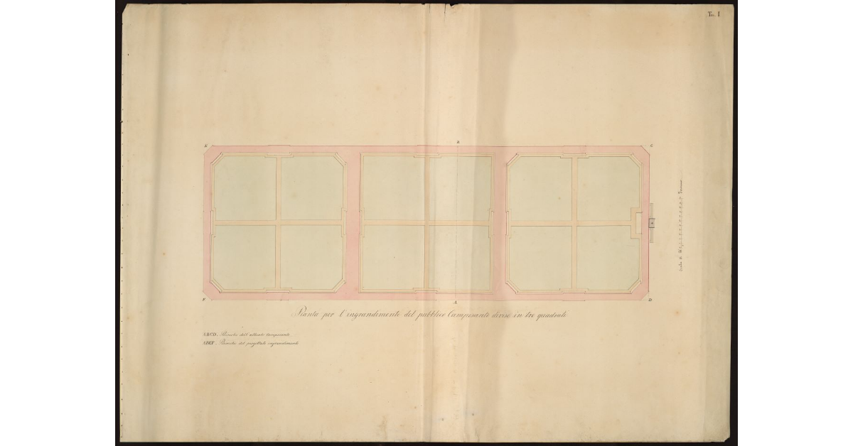 Pianta per l'ingrandimento del pubblico Camposanto diviso in tre quadrati [a Livorno]