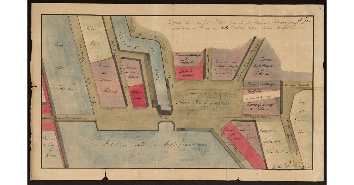 Pianta della nuova Porta San Marco e sue adiacenze [a Livorno], della nuova Piazza progettata e della nuova Strada che dalla Piazza stessa conduce alla Regia Pisana (N° 2)