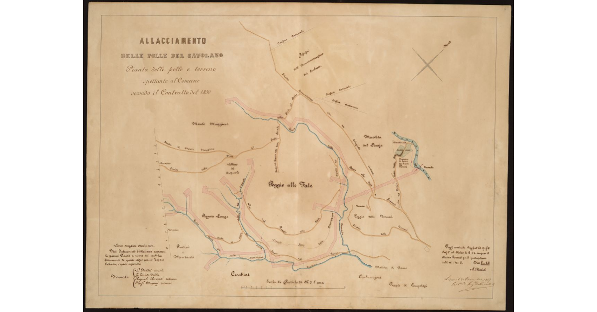 Pianta delle polle e terreno spettante al comune secondo il contratto del 1850 [nel Livornese]