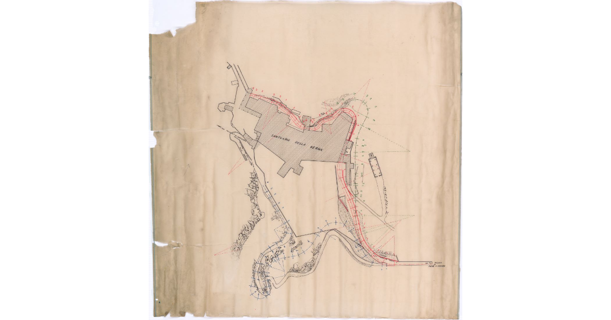 [Planimetria delle strade che partono dall’ingresso secondario sulla strada che va alla Melosa e Pieve Santo Stefano e giungono al Santuario stesso]