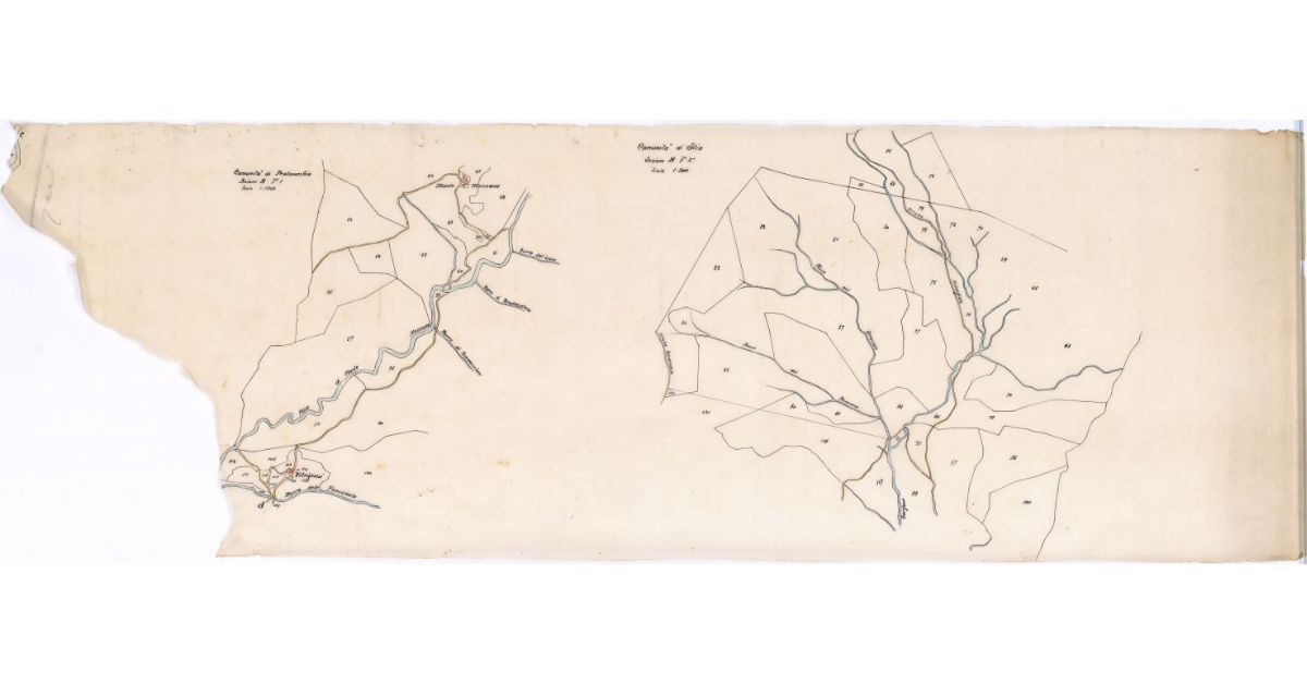 [Mappe di derivazione catastale: comunità di Pratovecchio, sez. B, foglio 1 e comunità di Stia, sez. B, foglio 2]