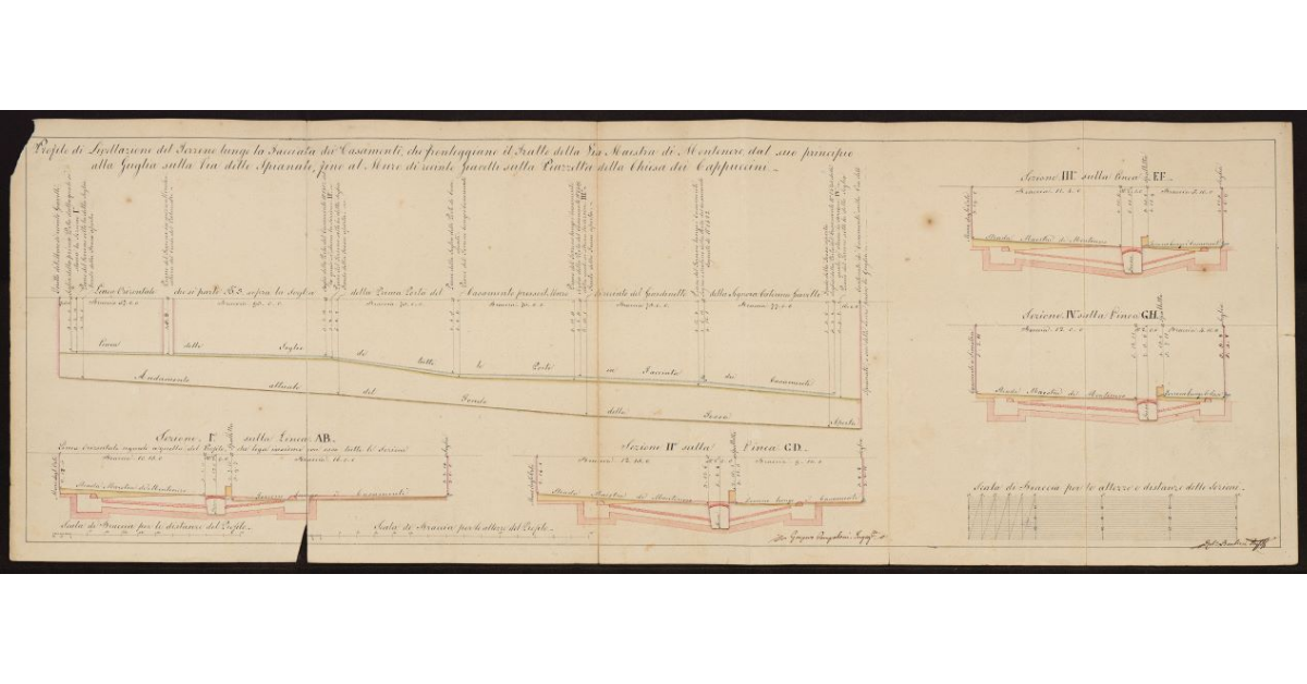 Profilo di livellazione del Terreno lungo la Facciata dei Casamenti che Fronteggiano il Tratto della Via Maestra di Montenero dal suo Principio alla Guglia sulla Via delle Spianate, fino al Muro di recinto Giavelli sulla Piazzetta della Chiesa dei Cappuccini [a Livorno]
