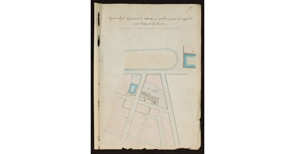 Figura degli appezzamenti, A, B, C e D sui quali si propone di erigere il nuovo Tribunale di Livorno