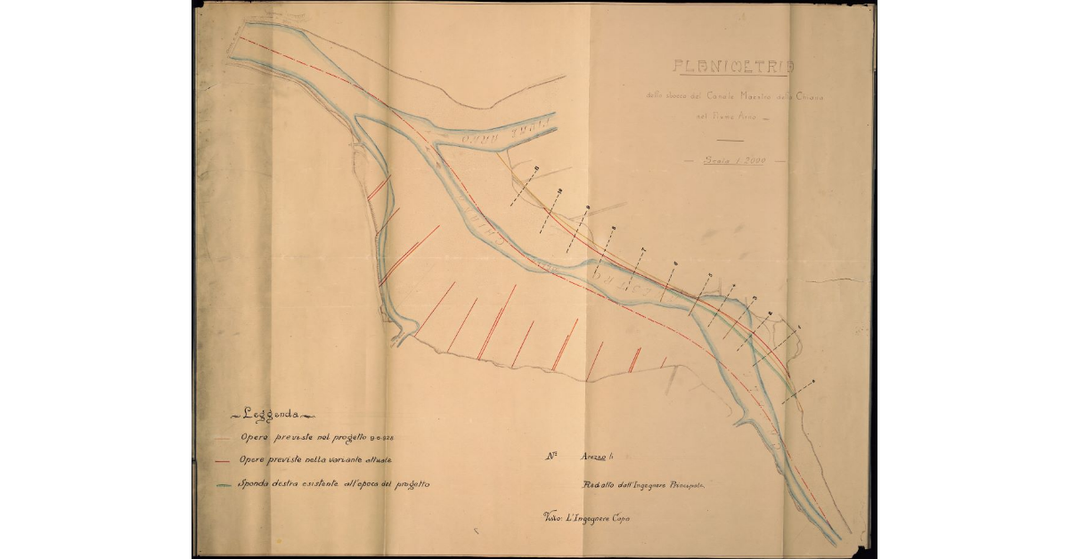 Planimetria dello sbocco del Canale Maestro della Chiana nel fiume Arno