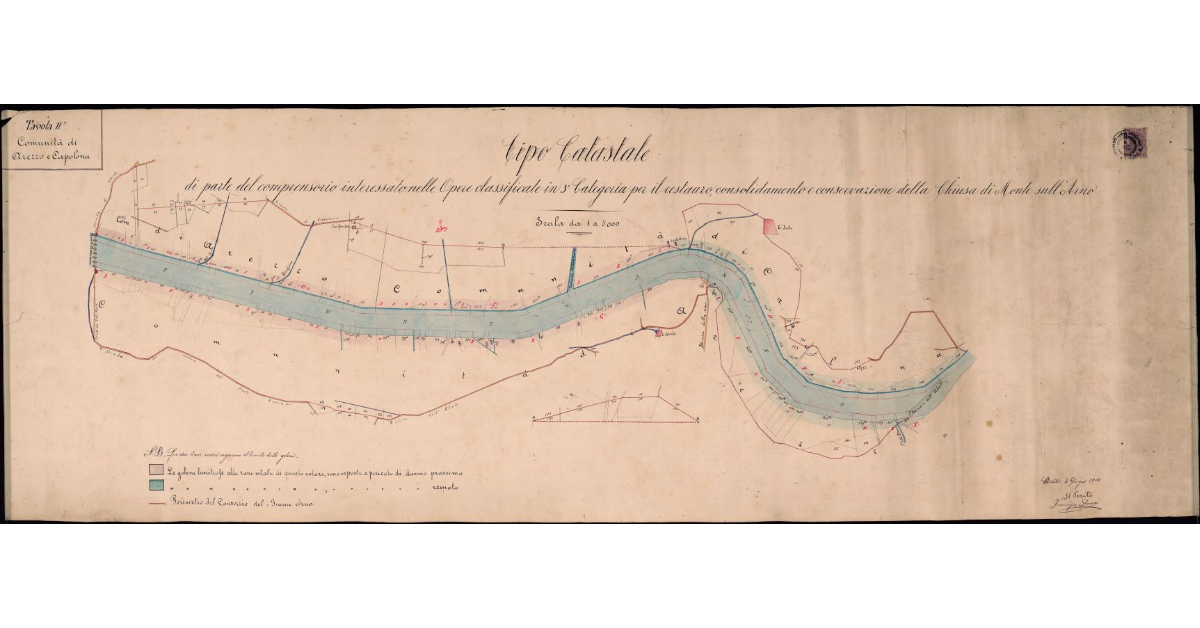 Tavola II Comunità di Arezzo e Capolona. Tipo catastale di parte del comprensorio interessato nelle Opere classificate in 3° Categoria per il restauro, consolidamento e conservazione della Chiusa di Monte sull’Arno
