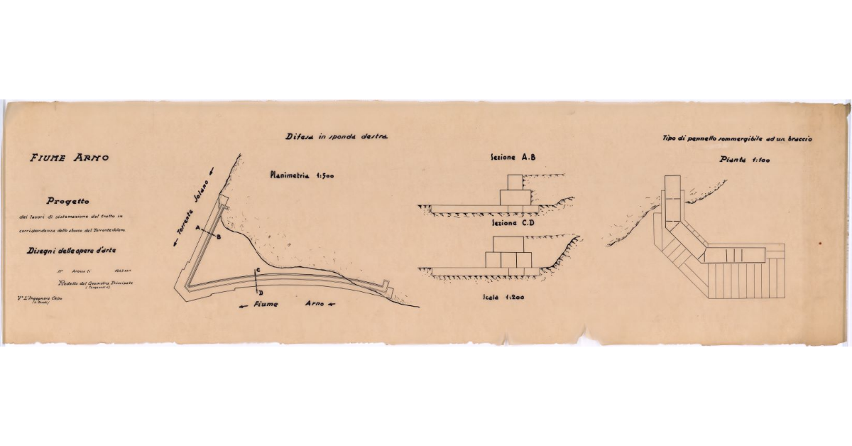 Fiume Arno. Progetto dei lavori di sistemazione del tratto in corrispondenza dello sbocco del Torrente Solano. Disegni delle opere d'arte