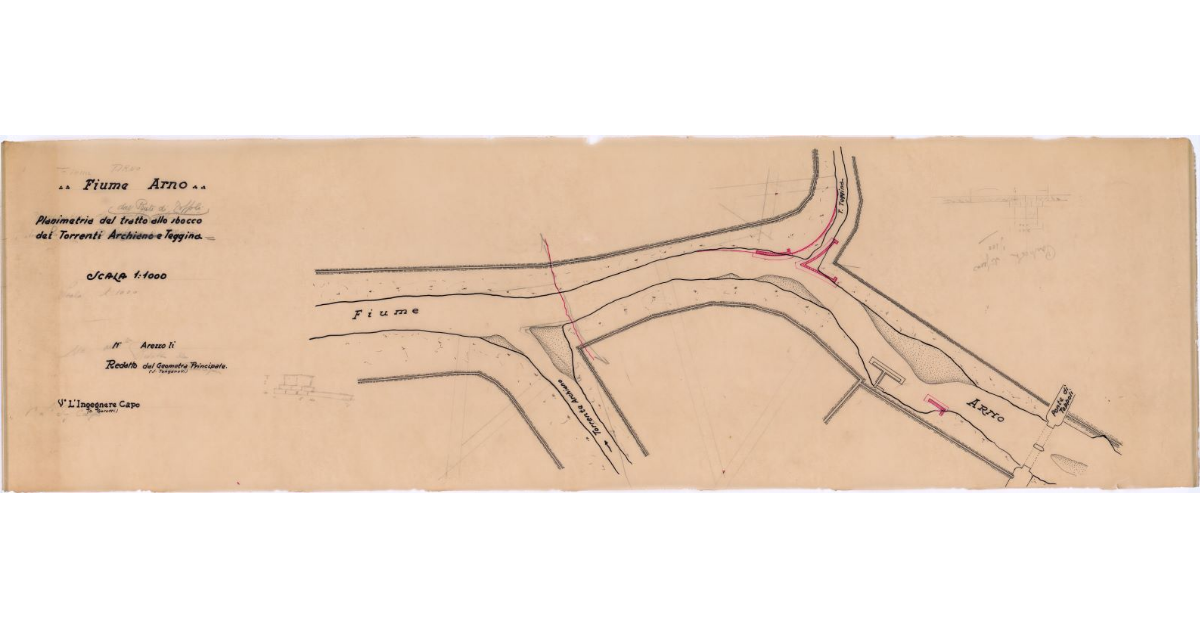 Fiume Arno. Planimetria del tratto dal Ponte a Toppoli allo sbocco dei torrenti Archiano e Teggina