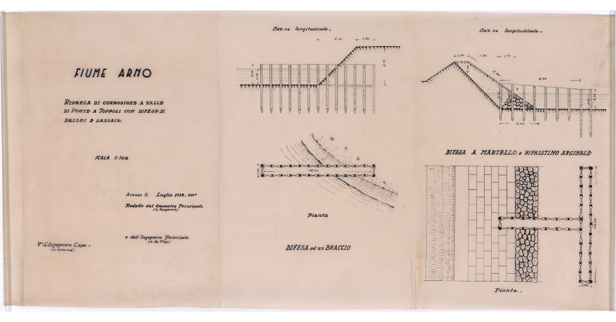 Fiume Arno. Ripresa di corrosione a valle di Ponte a Toppoli con difese di paloni e sassaia