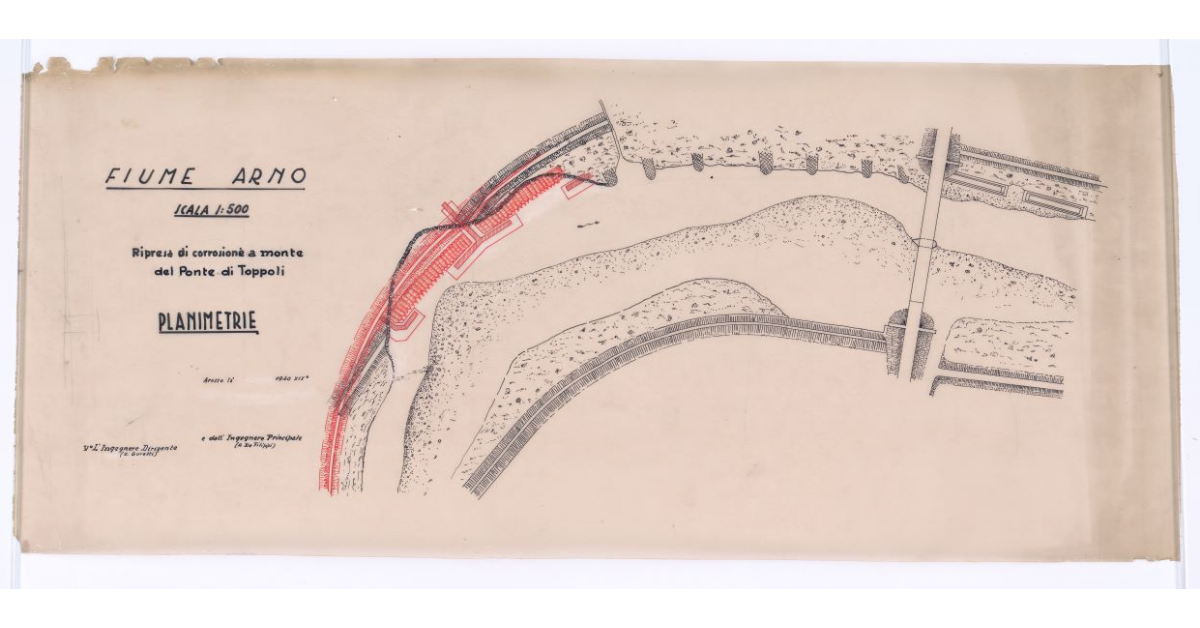 Fiume Arno. Ripresa di corrosione a monte del Ponte di Toppoli. Planimetrie