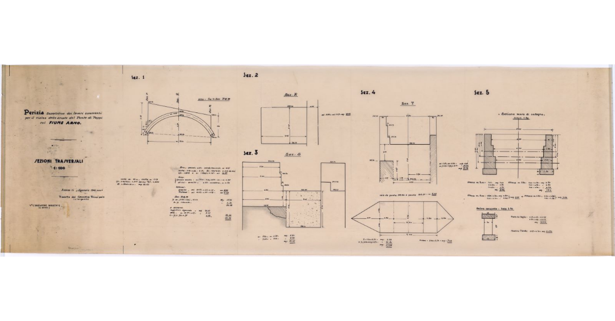 Perizia suppletiva dei lavori occorrenti per il rialzo delle arcate del Ponte di Poppi sul fiume Arno. Sezioni trasversali