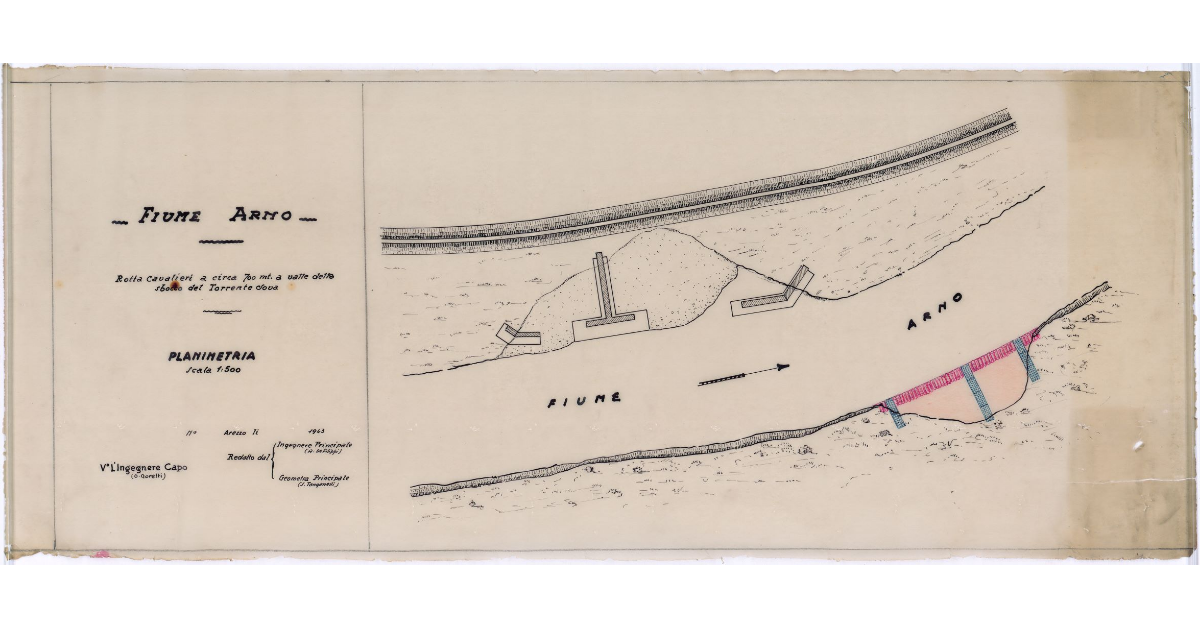 Fiume Arno. Rotta Cavalieri a circa 700 mt. a valle dello sbocco del Torrente Sova. Planimetria