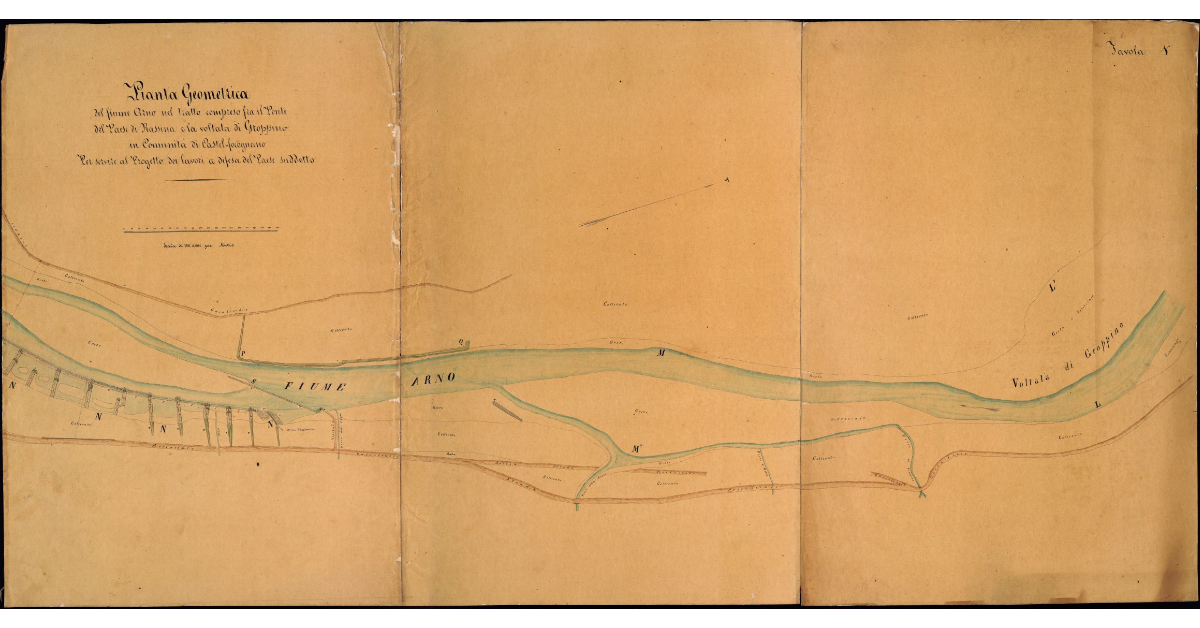 Pianta geometrica del fiume Arno nel tratto compreso fra il ponte del paese di Rassina e la voltata del Groppino in comunità di Castel Focognano per servire al Progetto dei lavori a difesa del Paese suddetto