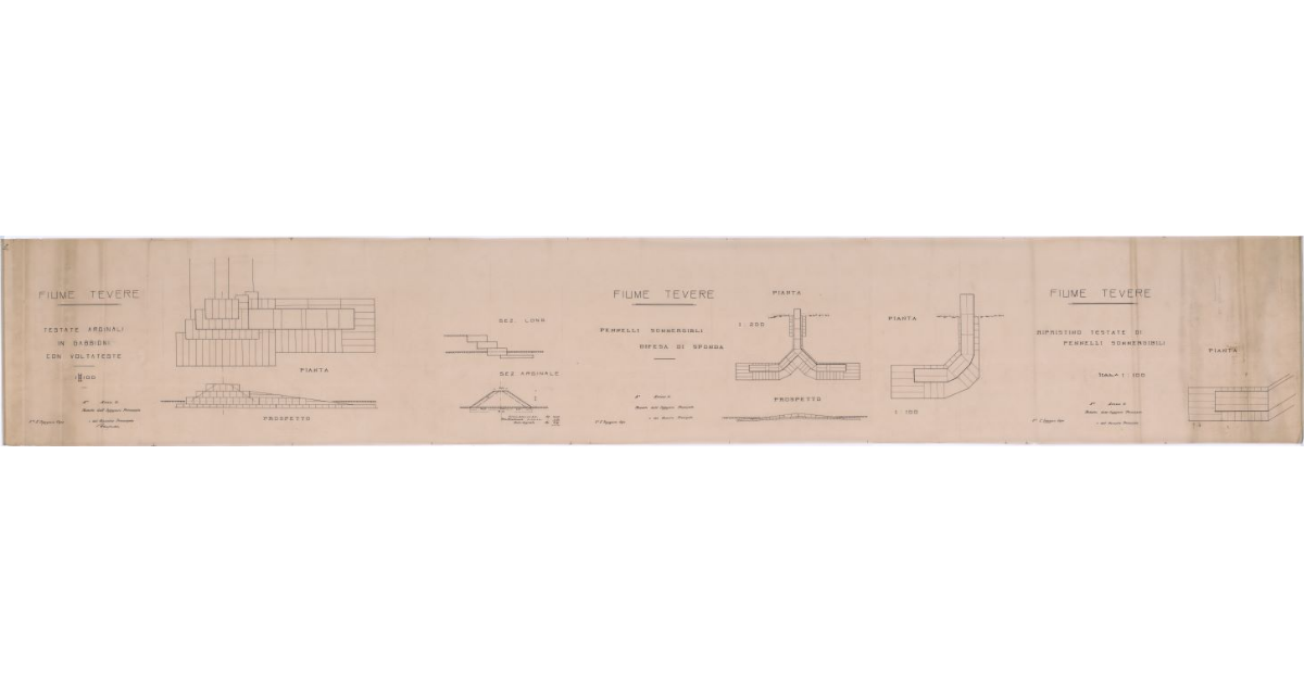 [Fiume Tevere, testate originali in gabbioni con voltateste e pennelli sommergibili]