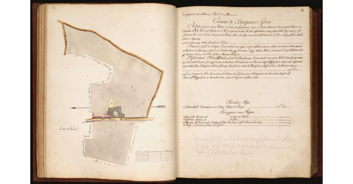 [Pianta di un podere con casa da lavoratore, casa e chiesa, situato in località "allo Spedalino", Comune di Burgianico e Gora, Popolo di S. Maria]